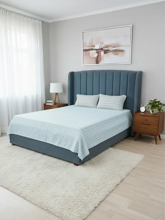 White Motif & Plaid 100% Cotton Double Bedsheet