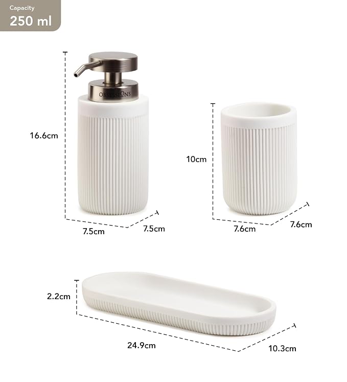 Obsessions 3-Piece White Fluted Polyresin Bathroom Accessory Set – Soap Dispenser, Tumbler & Oval Vanity Organizer Tray