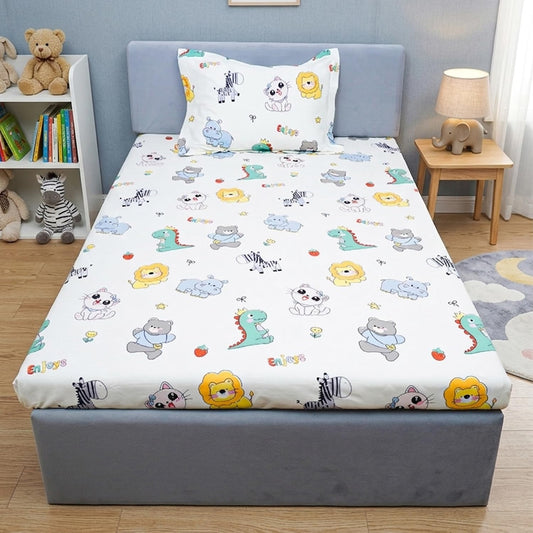 Playful Cartoon Animal Zoo Kids 100% Cotton Bedsheet Set