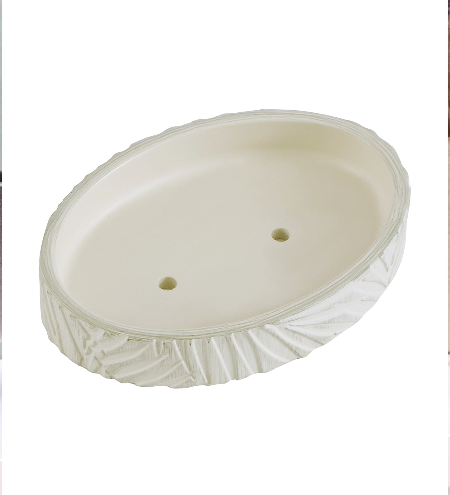Ivory Leaf-Patterned Oval Resin Soap Dish – Elegant & Textured