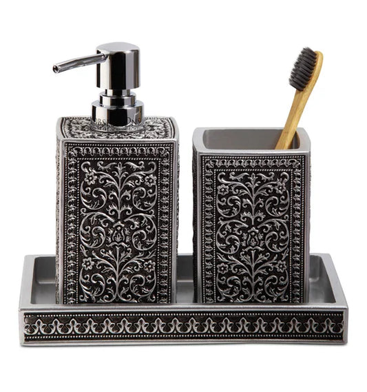 Obsessions Myra 3-Piece Carved Polyresin Bathroom Accessory Set – Black & Grey