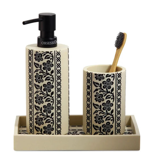 Obsessions Myra 3-Piece Polyresin Bathroom Accessory Set – Cream & Black Floral