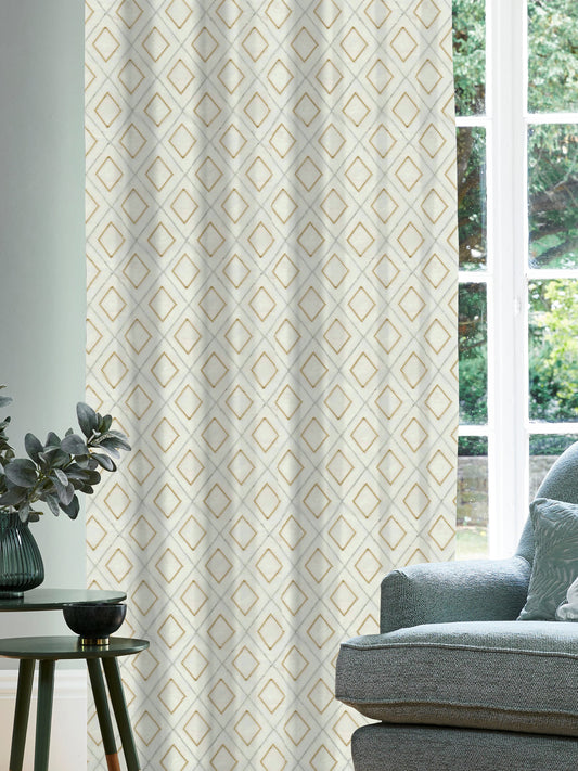 White Curtain Fabric with Beige Embroidery – Chevron Line Design, 4ft & 10ft Widths