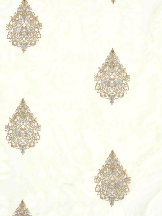 White Curtain Fabric with Gold Embroidery – Classic Motif Design, 4ft & 10ft Widths
