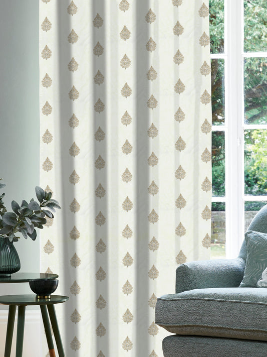 White Curtain Fabric with Gold Embroidery – Classic Motif Design, 4ft & 10ft Widths