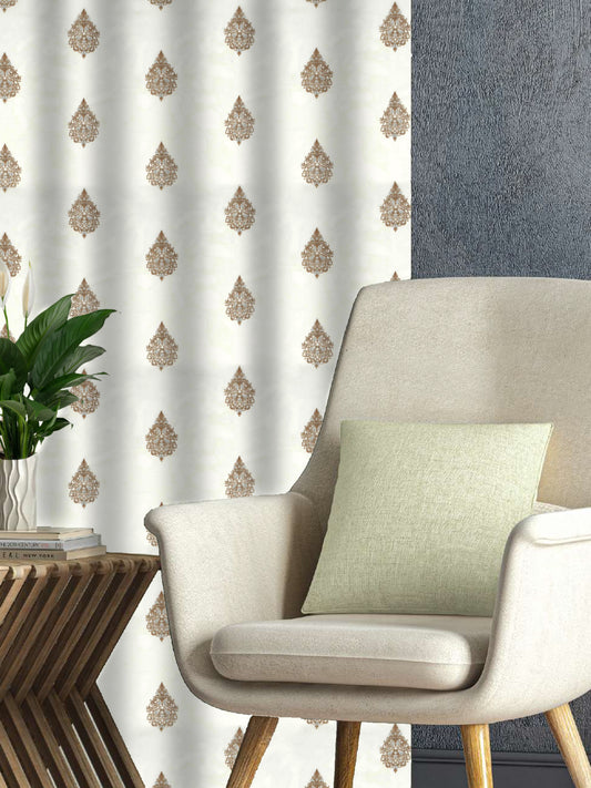 White Curtain Fabric with Brown Paisley Embroidery – 4ft & 10ft Widths