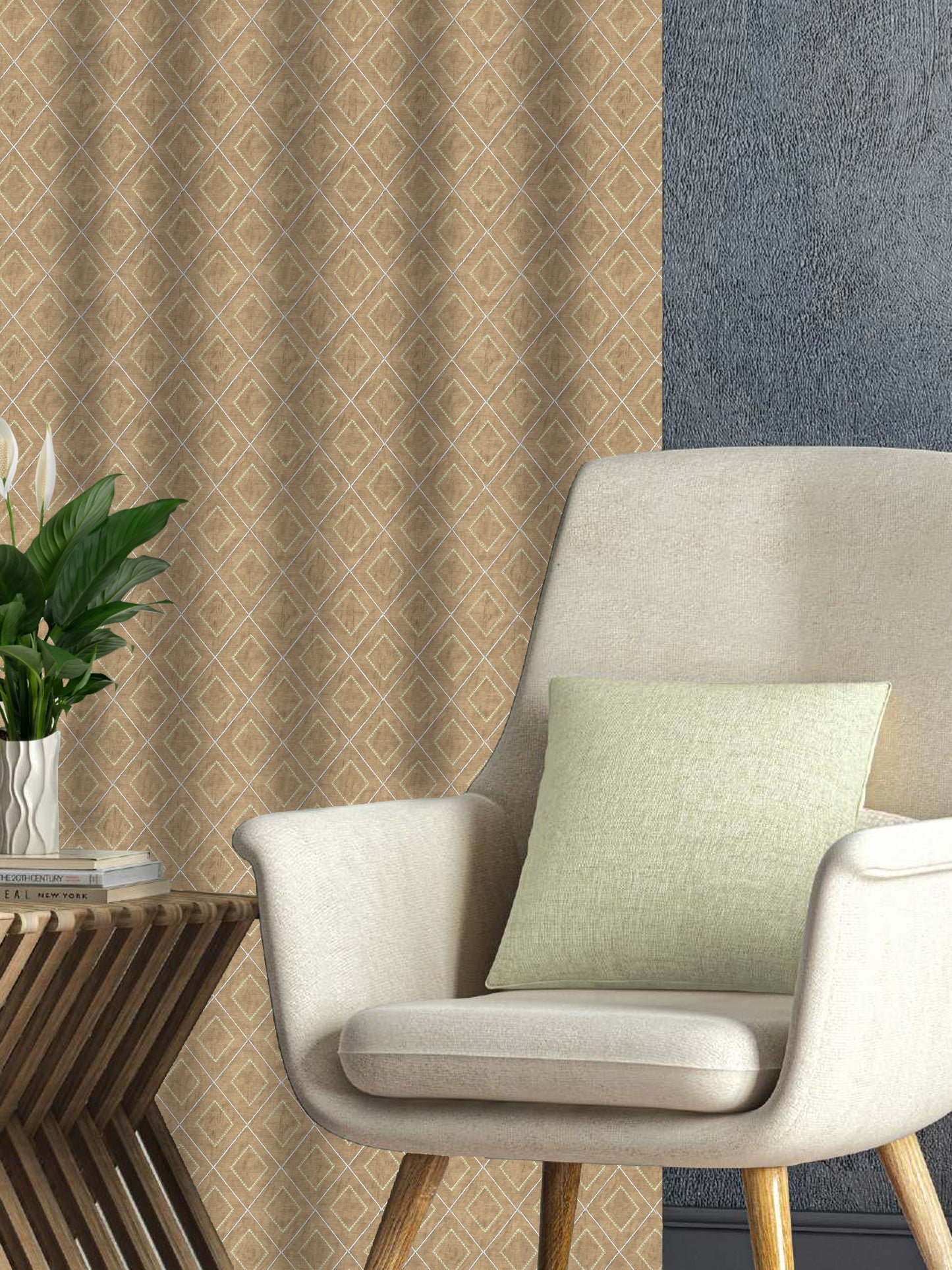 Brown Curtain Fabric with Diamond Lattice Embroidery – 4ft & 10ft Widths