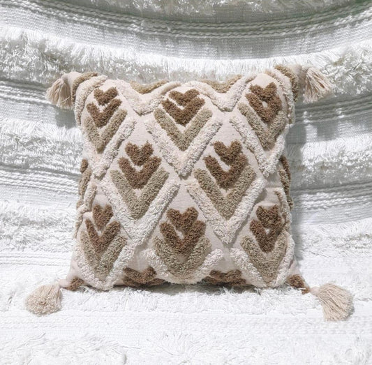 Beige & Brown Geometric Tufted Cushion Covers with Tassels Set of 2