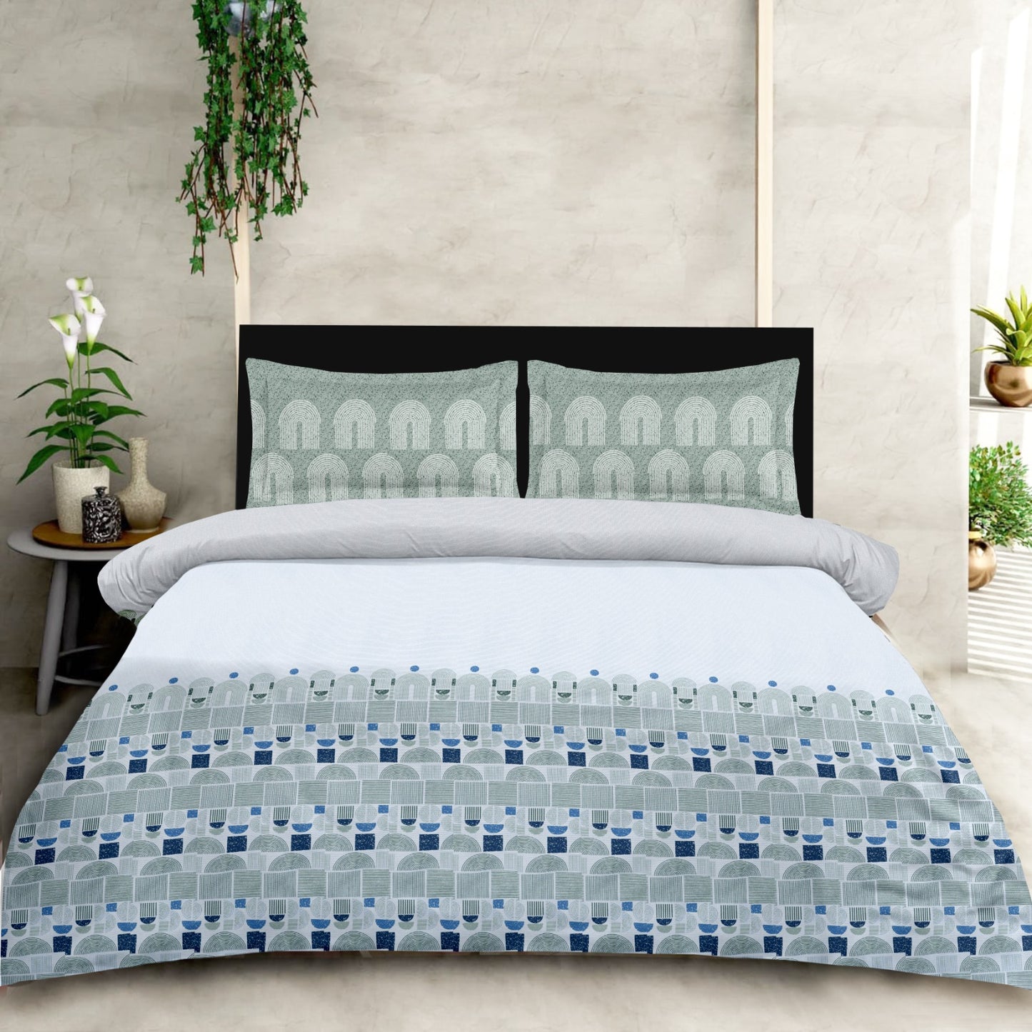 Cotton King Size Bedsheet Set with Pillow Covers – Geometric Print