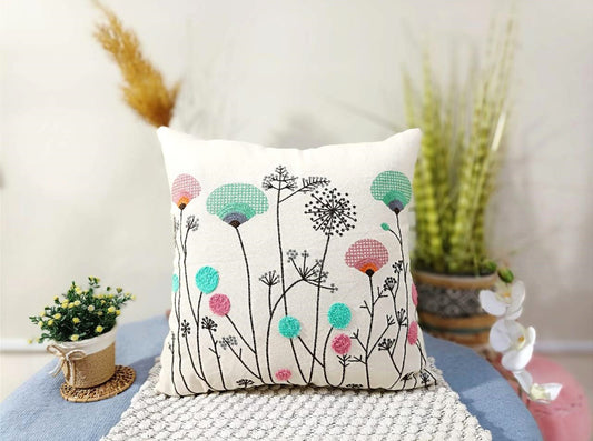 Cream Cushion Covers with Pastel Floral Embroidery – Set of 2 | 18x18 Cotton Linen