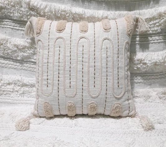Cream Embroidered Cushion Cover – Beige Arches, 18x18 with Pom-Poms