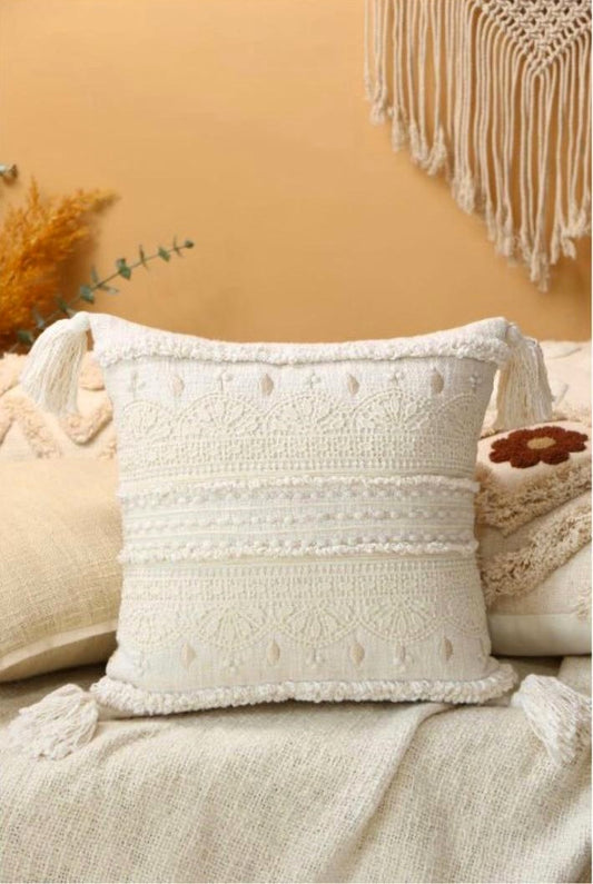 Cream Embroidered Cushion Cover with Tassels – 18x18