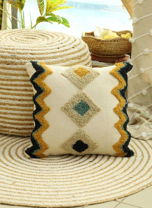 Cream & Gold Embroidered Diamond Cushion Covers | Set of 2 | 18x18 Inch Cotton