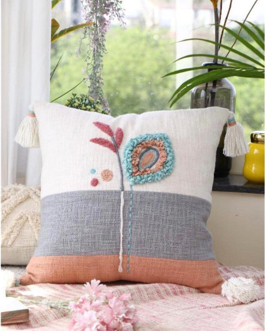Floral Embroidered Cushion Cover – Colorblock with Tassels, 18x18