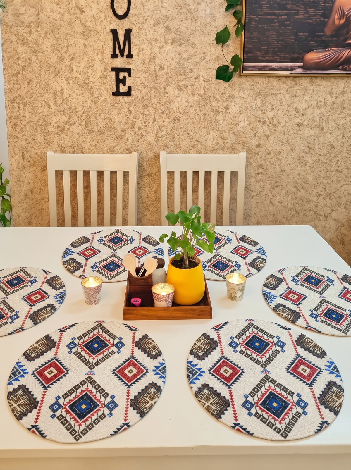 Atoz Home Decor Jute & Cotton Braided Anti-Skid Printed Round Dining Table Mats (14" x 14") – Pack of 6 Heat-Resistant Washable Placemats