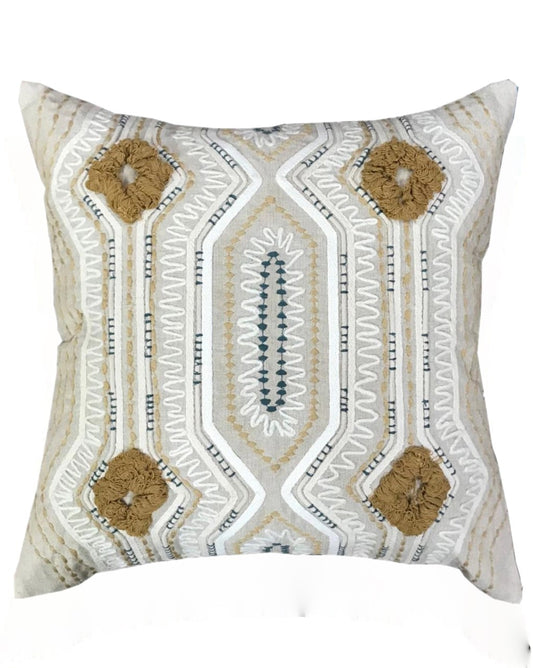 Geometric Textured Cushion Cover with Pom-Pom Accents – 18x18