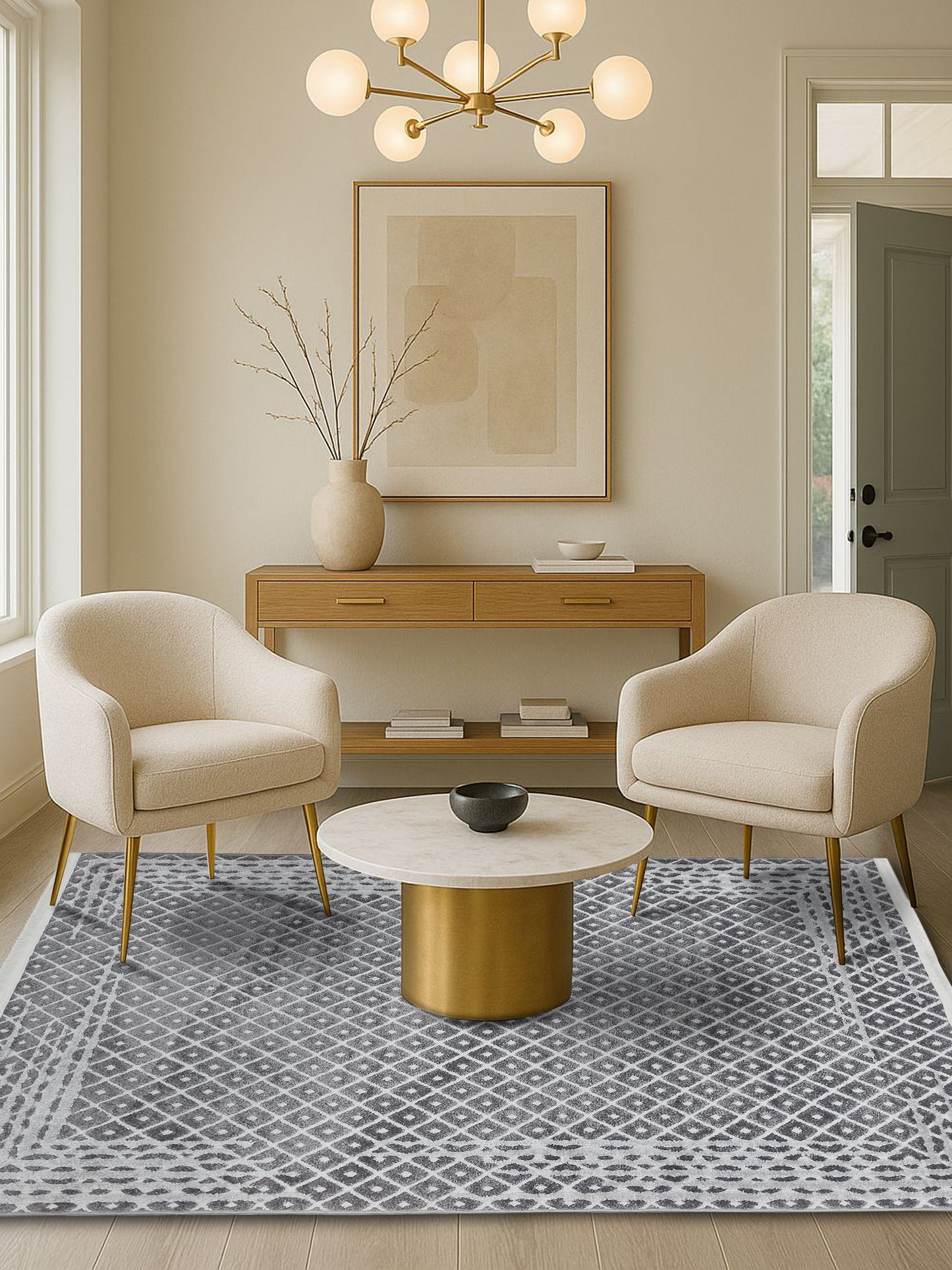 Grey Diamond Lattice Carpet – Modern Textured Geometric Rug for Living Room