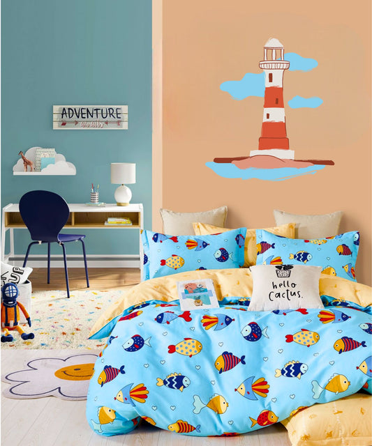 Blue Fish Print Kids Cotton Bedsheet Set