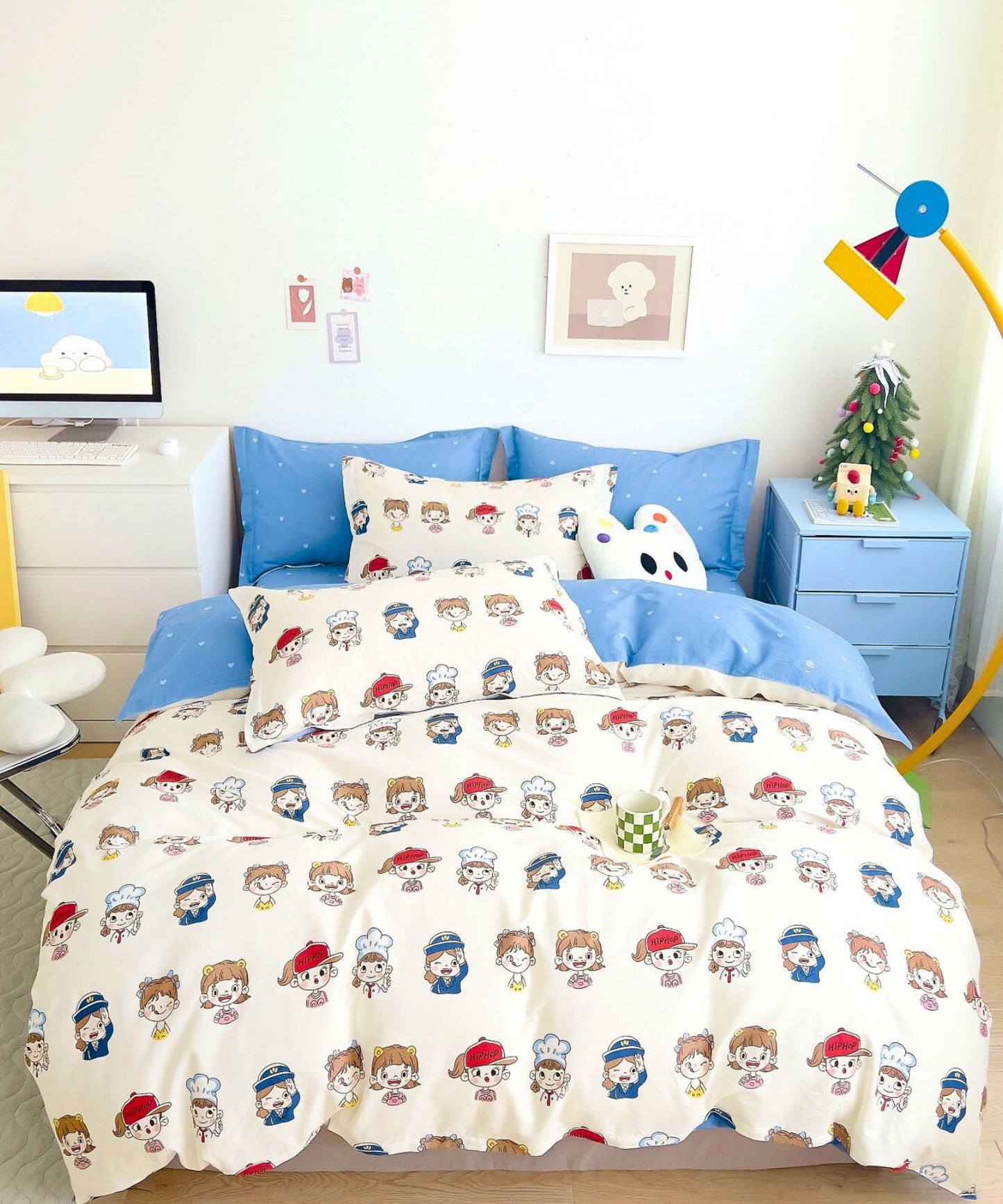 Cartoon Career Kids Cotton Bedsheet Set (Cream & Blue)