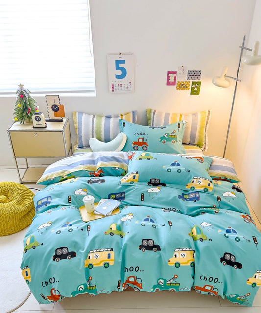 Cartoon Cars traffic theme Kids Light Teal Cotton Bedsheet Set