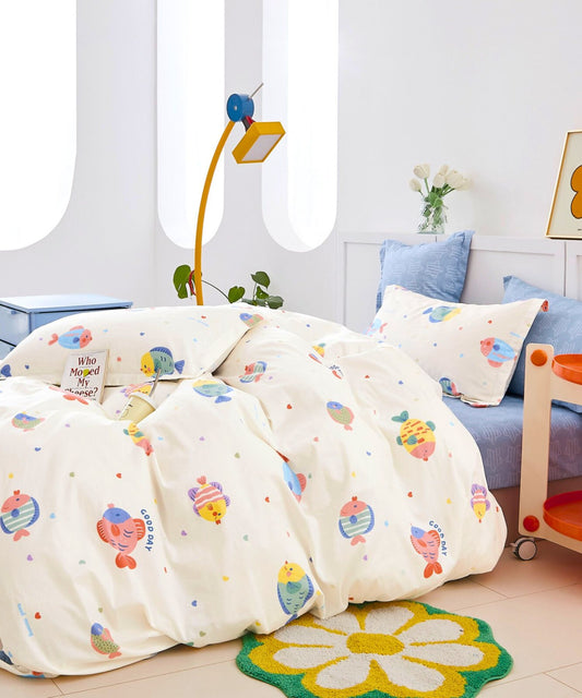Colorful Fish Print Cream Kids Cotton Bedsheet Set