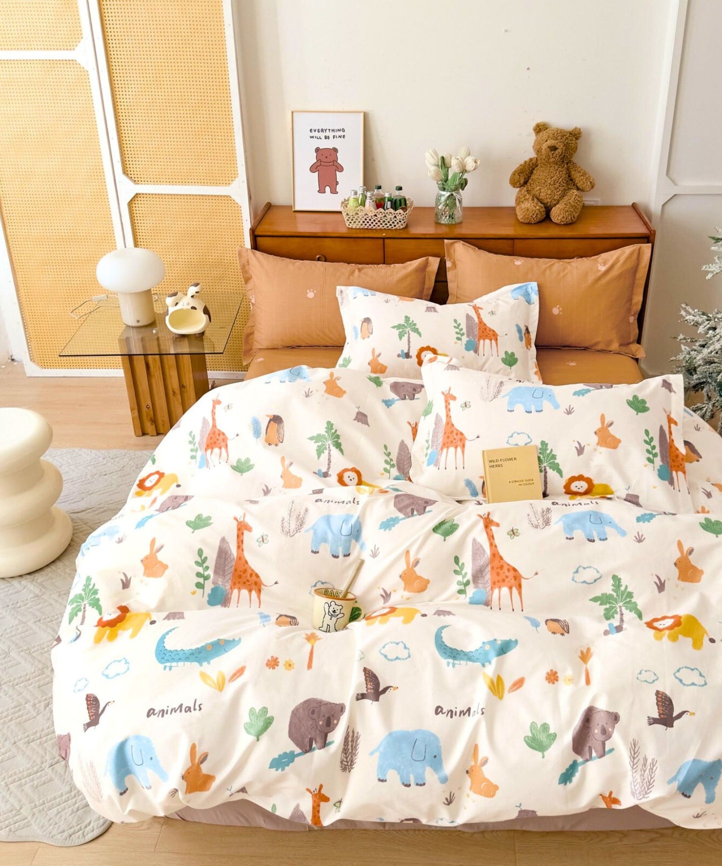 Jungle Animals Print Kids Cotton Bedsheet Set (White)