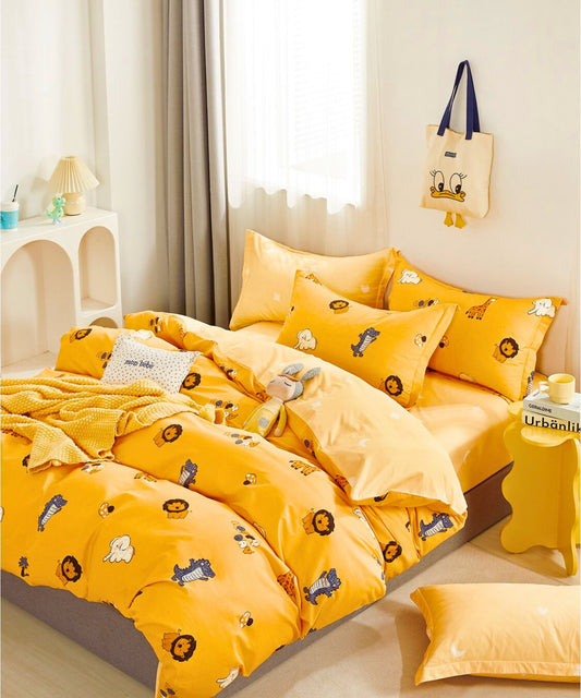 Jungle Safari Theme Light Yellow Kids Cotton Bedsheet Set