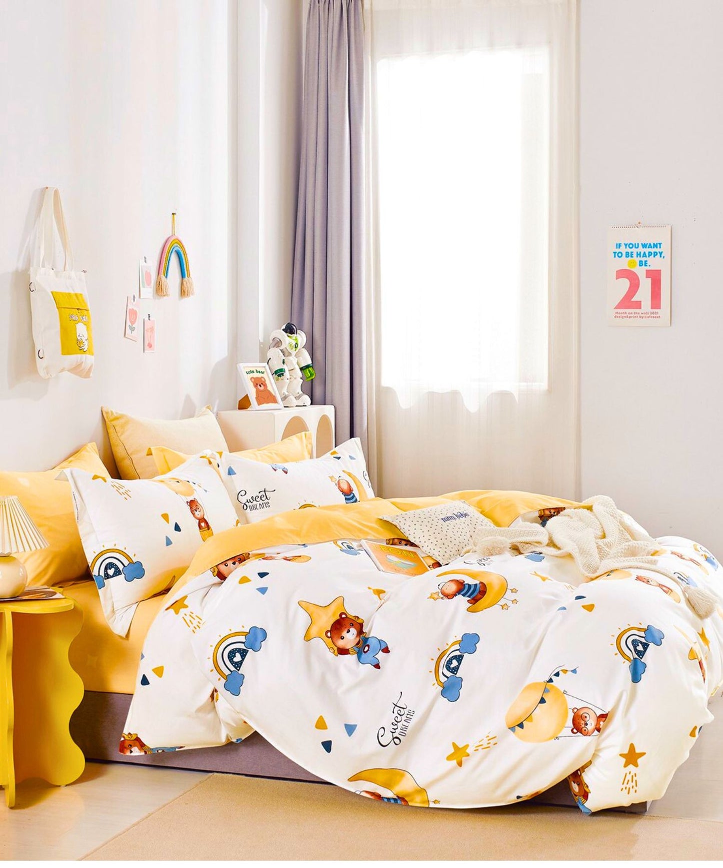 Sweet Teddy Bears Kids Cotton Bedsheet Set (Yellow & White)