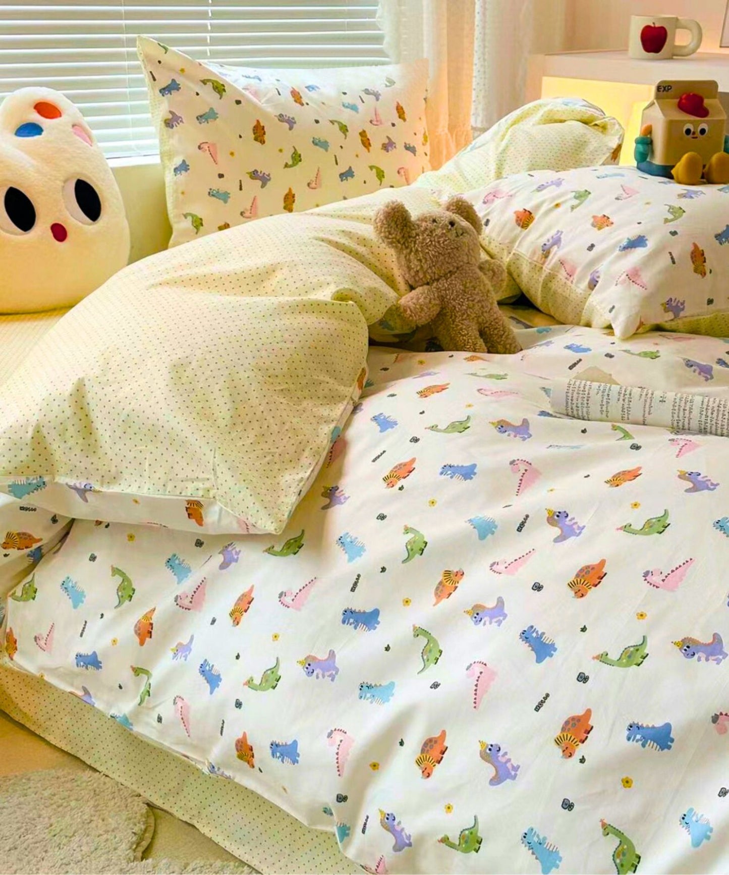 Pastel Dinosaur Kids Cotton Bedsheet Set – Bone White
