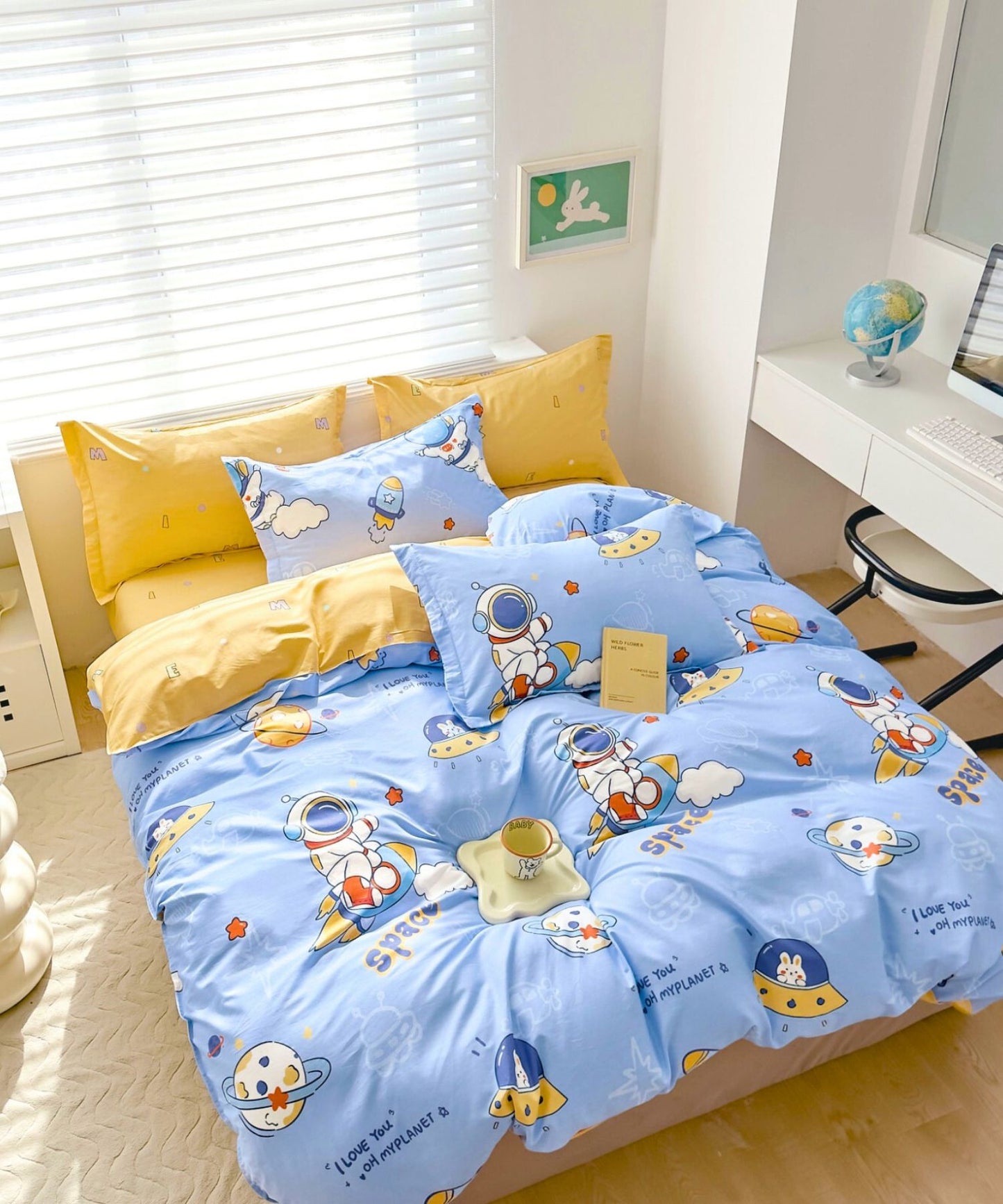 Space Explorer Kids Cotton Bedsheet Set (Powder Blue & Yellow)