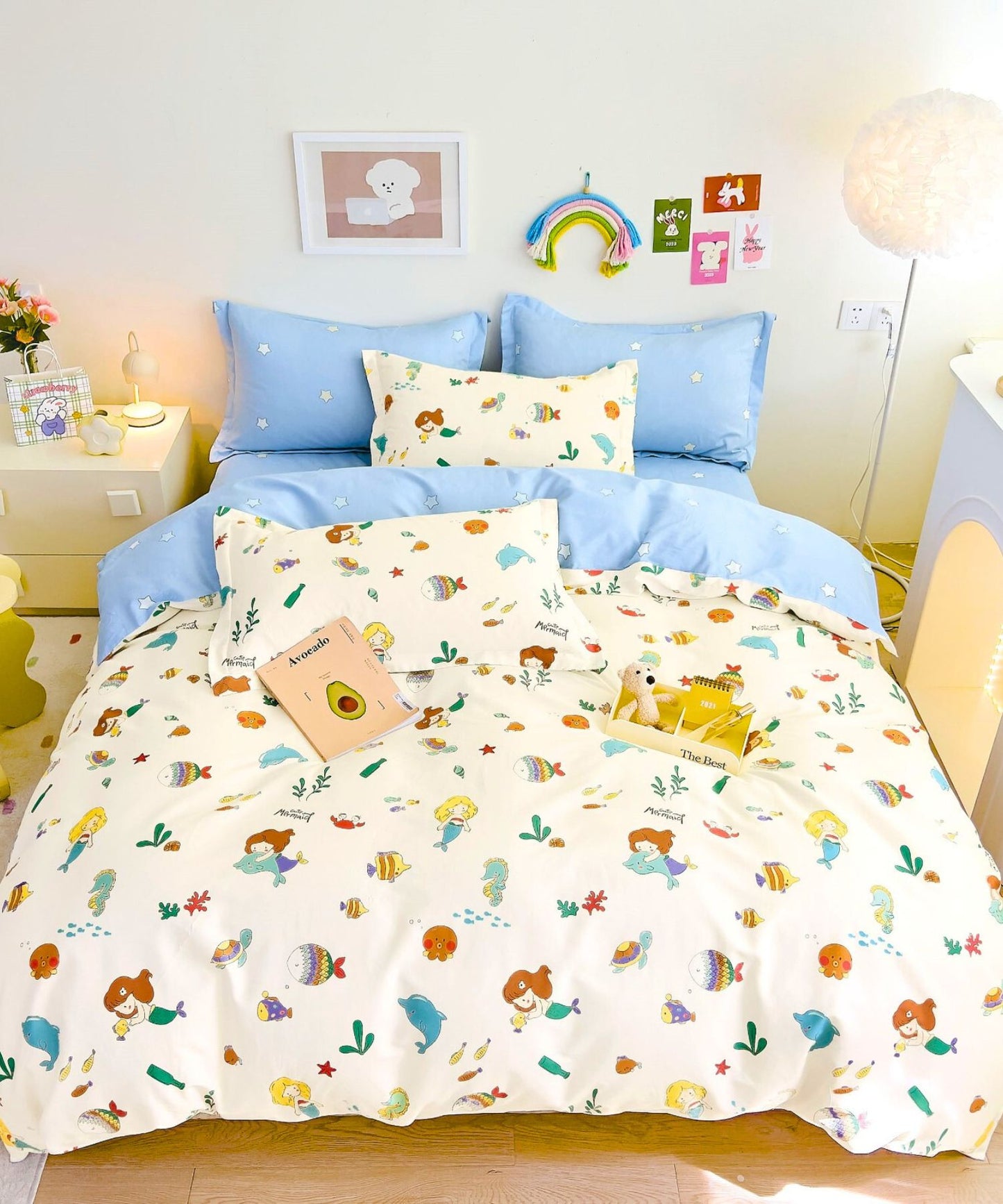 Mermaid & Ocean Friends Kids Bedsheet Set (Cream Blue)