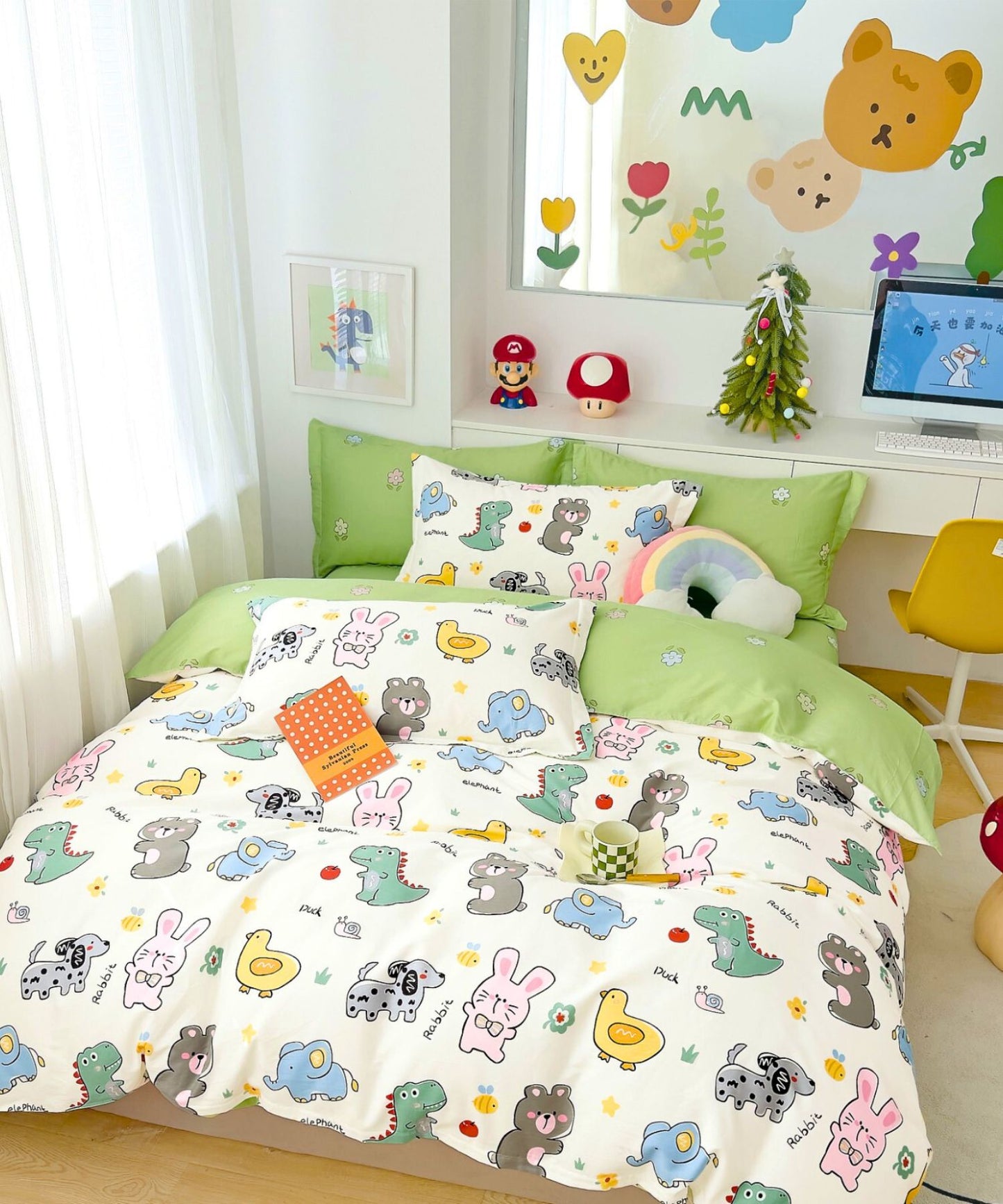 Pastel Animals Print Cotton Bedsheet Set for Kids (White)