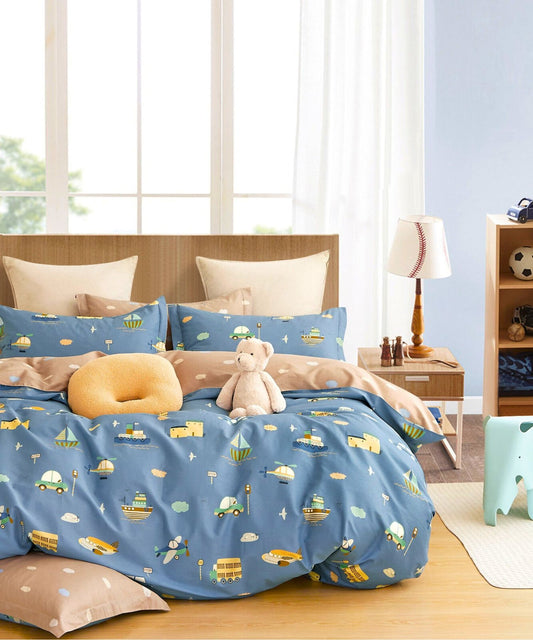 Pastel Vehicles & Ships Kids Cotton Bedsheet Set (Light Blue)
