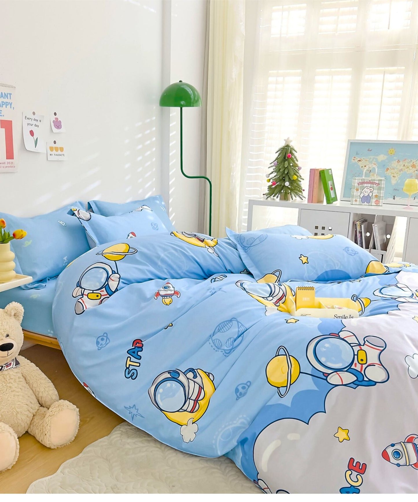 Space Explorer Kids Cotton Bedsheet Set (Light Blue)
