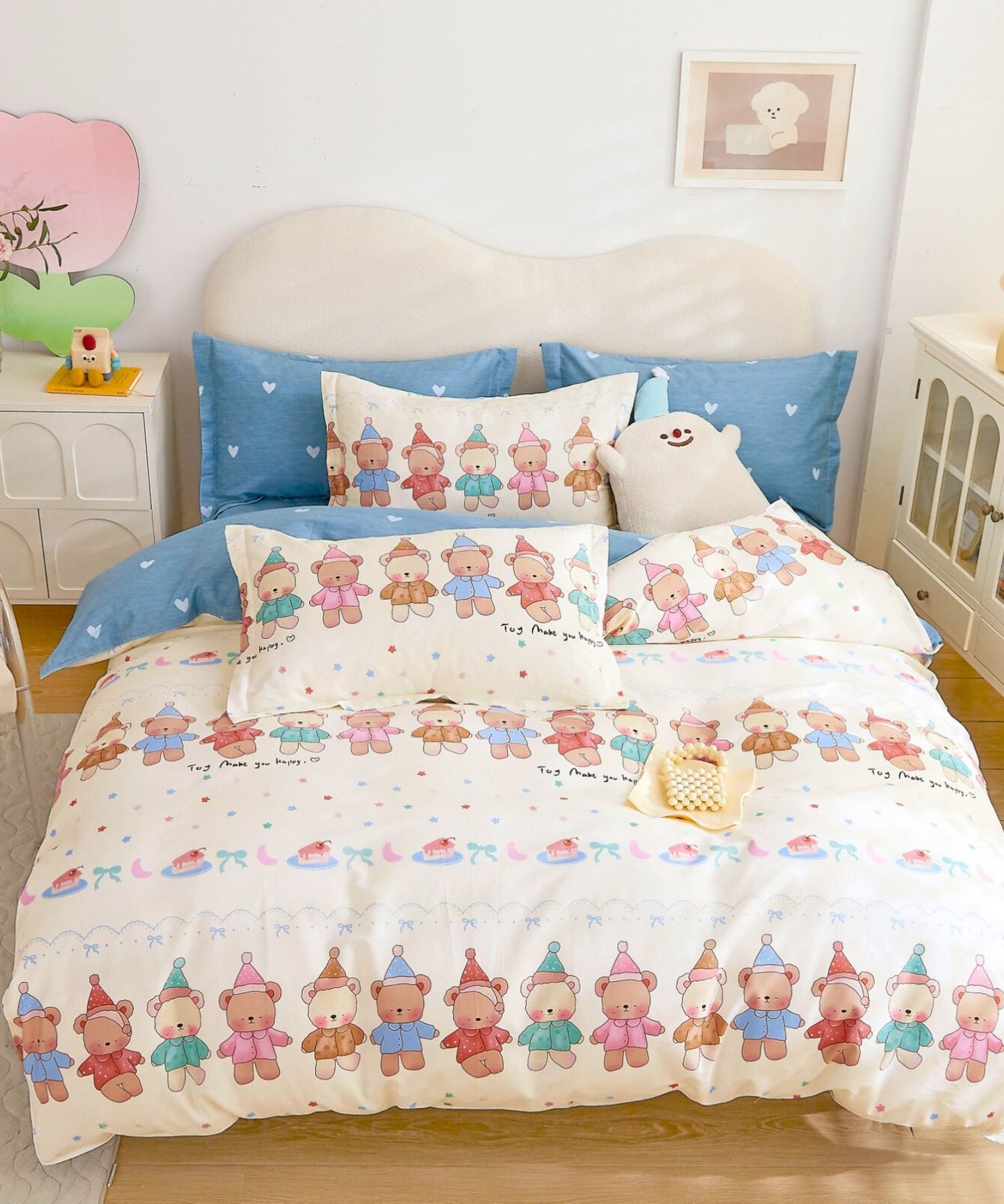 Happy Toy Bears Kids Cotton Bedsheet Set (Cream White)