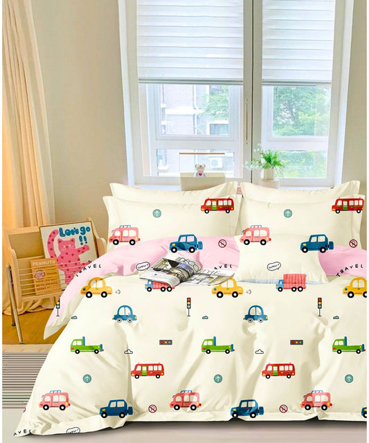 Travel Theme Car Print Kids Cotton Cream Bedsheet Set