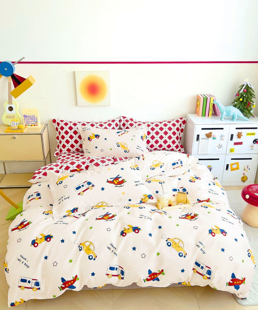 Vehicle Parade Kids Cotton Bedsheet Set (White)