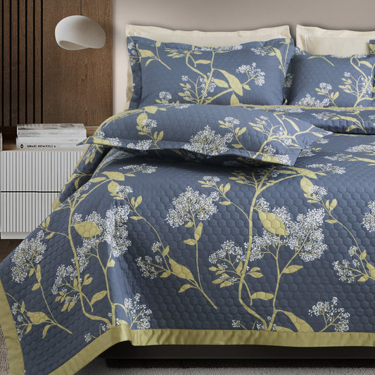 Quilted Printed Bed Cocver Set – Grey & Yellow Botanic King Size 5 Piece Set