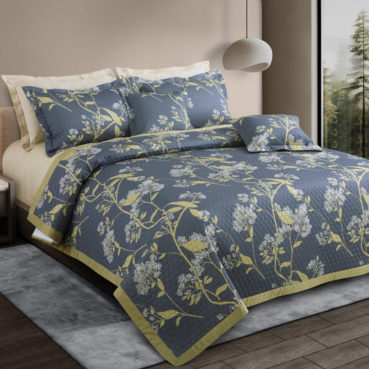 Quilted Printed Bed Cocver Set – Grey & Yellow Botanic King Size 5 Piece Set