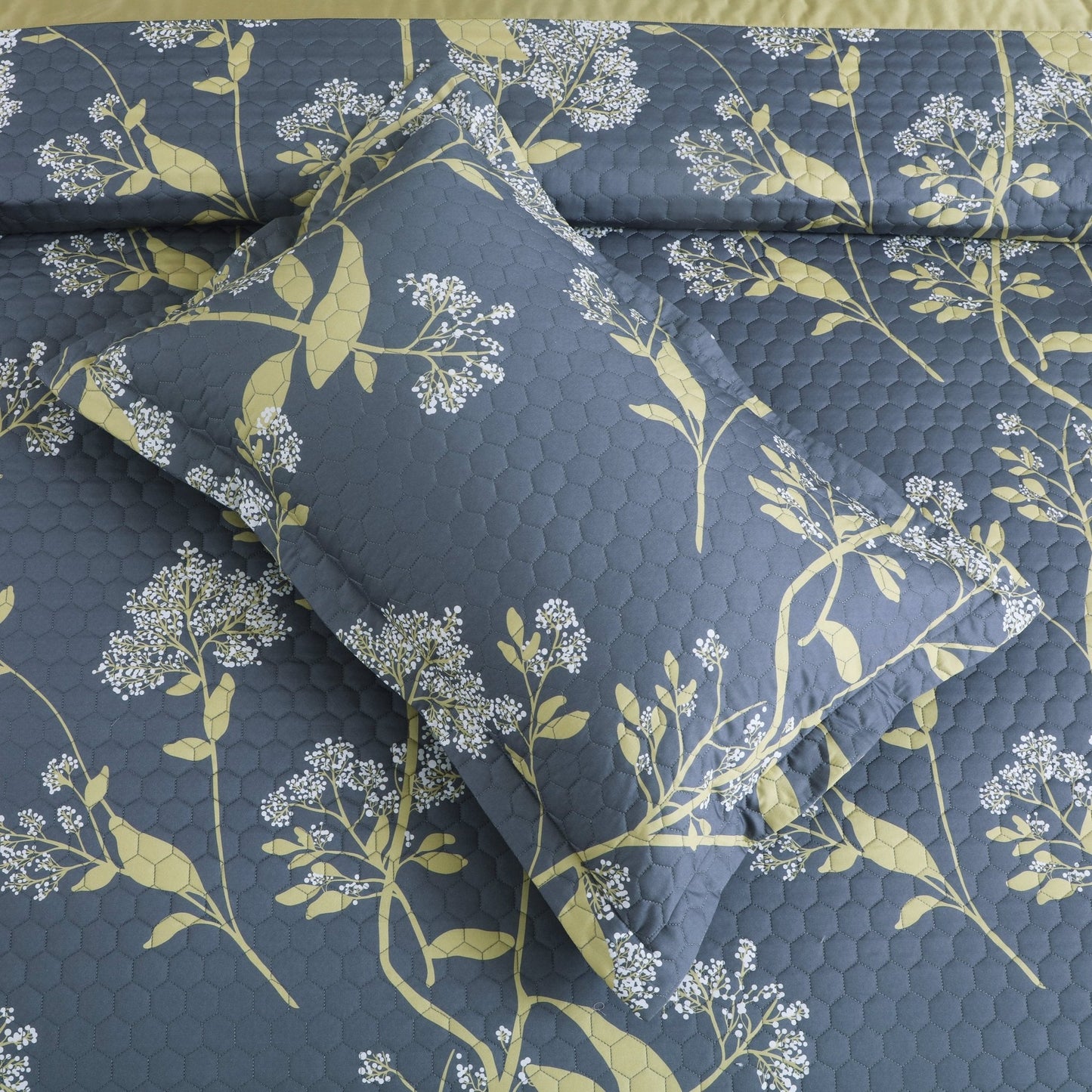 Quilted Printed Bed Cocver Set – Grey & Yellow Botanic King Size 5 Piece Set