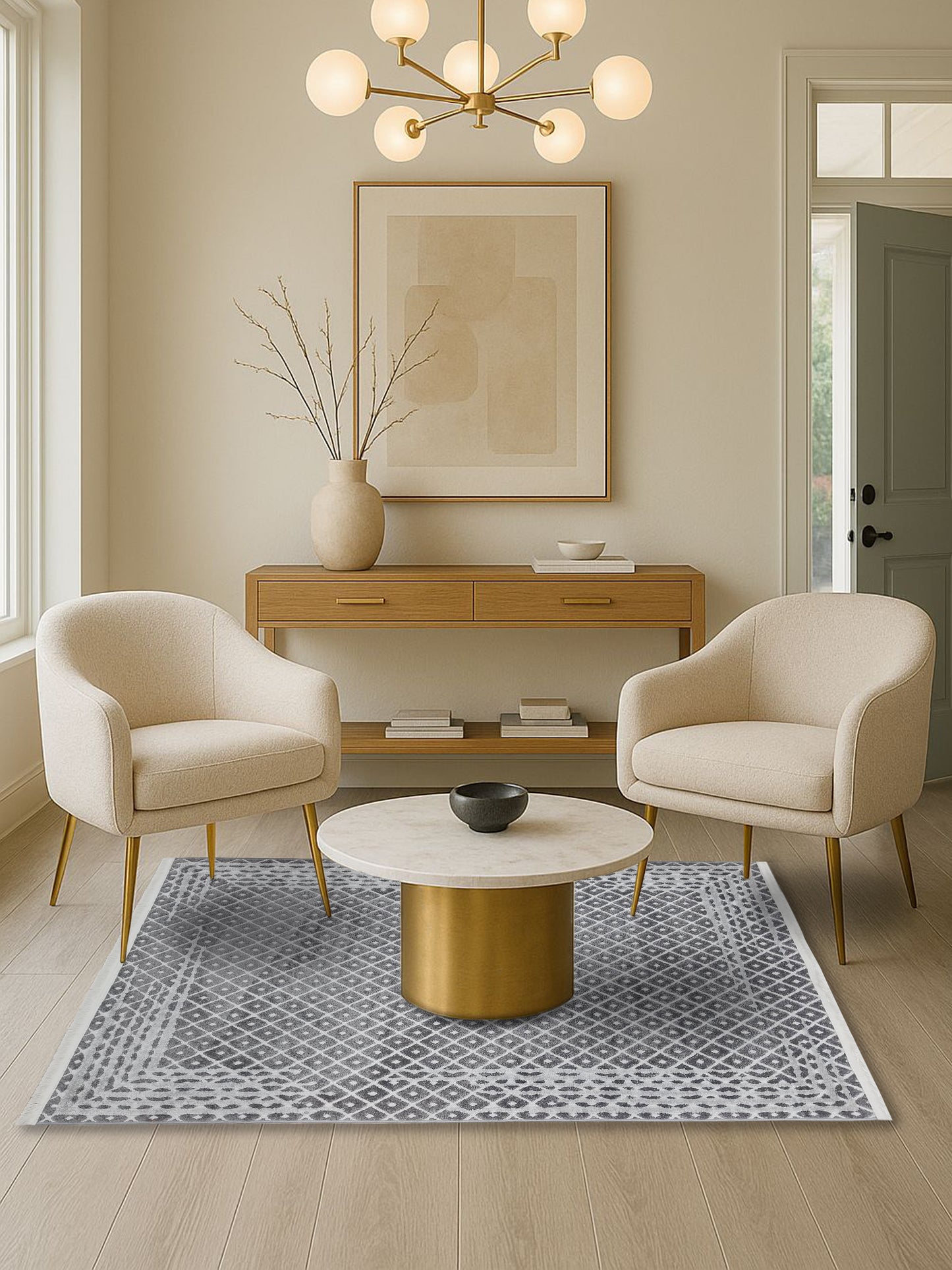 Grey Diamond Lattice Carpet – Modern Textured Geometric Rug for Living Room