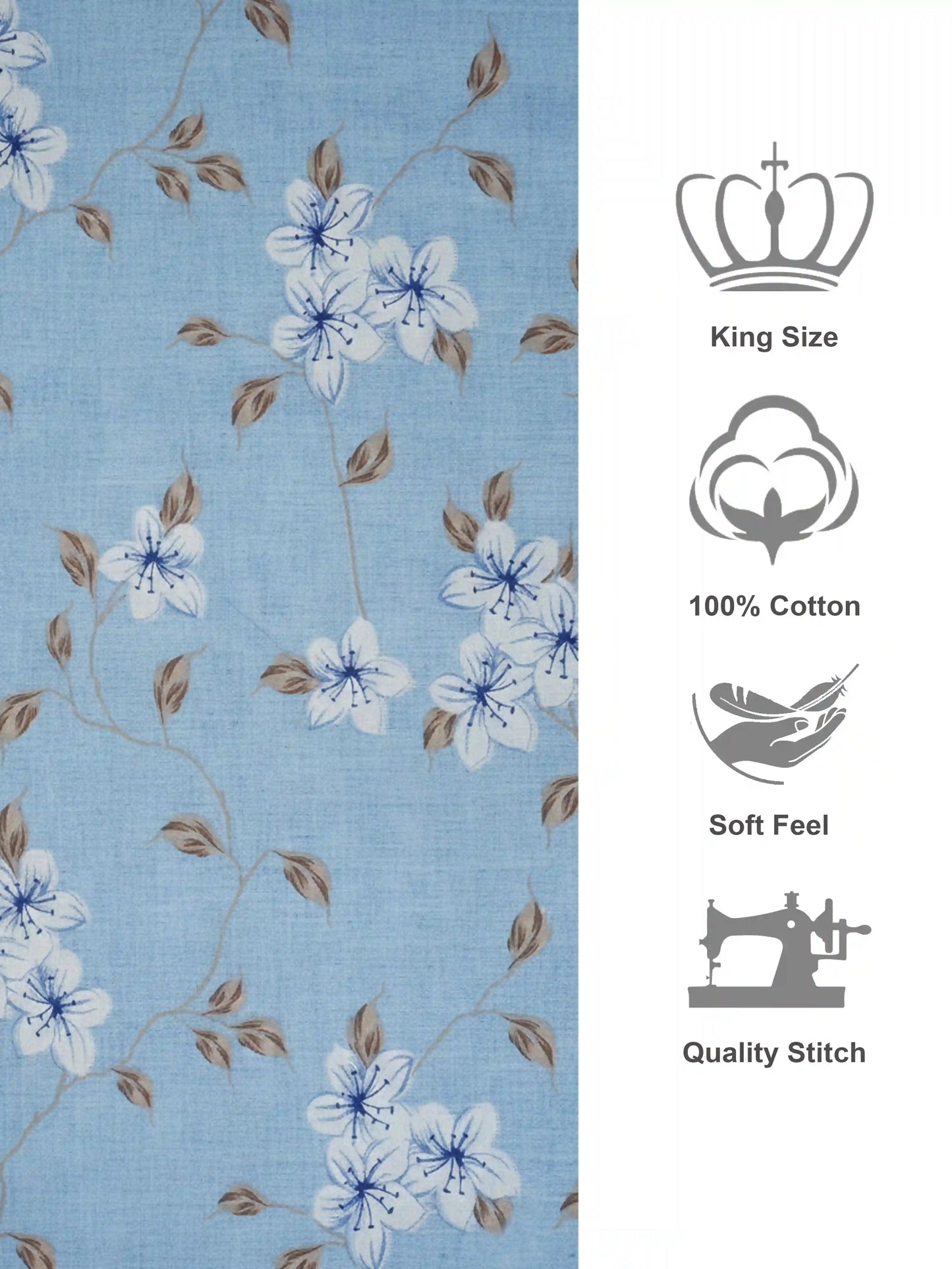 Soft Feel Light-Blue Floral Cotton King Bedsheet Set