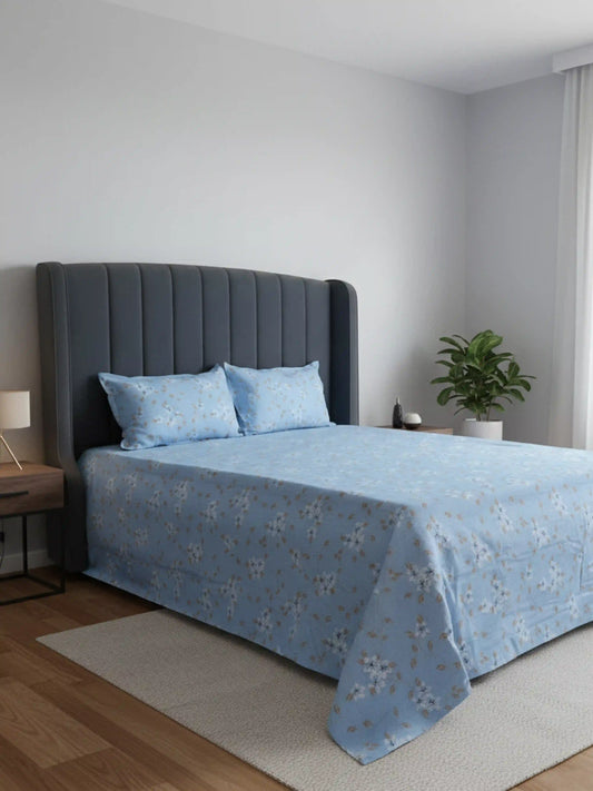 Soft Feel Light-Blue Floral Cotton King Bedsheet Set