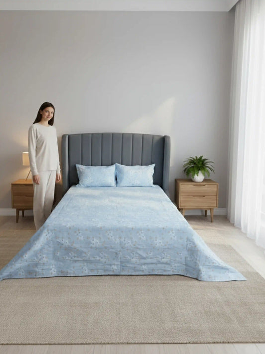 Soft Feel Light-Blue Floral Cotton King Bedsheet Set