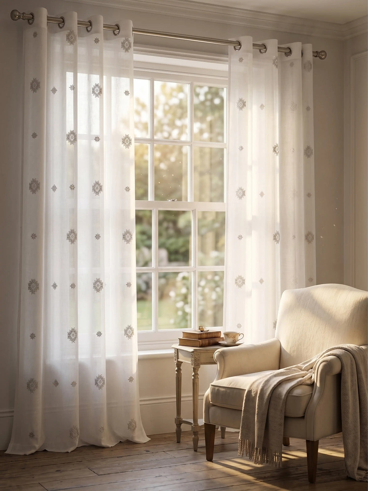 Evabella Embroidered Geometric Diamond Sheer Grommet Curtains | 100% Polyester