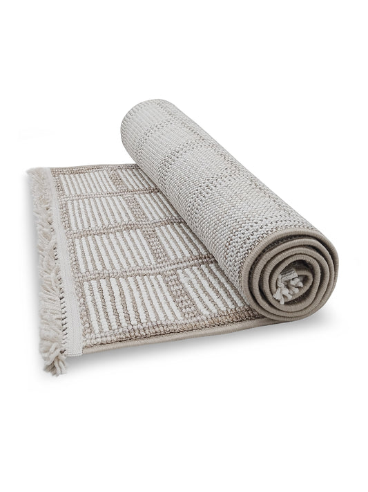 Ivory & Taupe Grid Pattern Cotton Runner – Modern Handwoven Bedside & Hallway Carpet