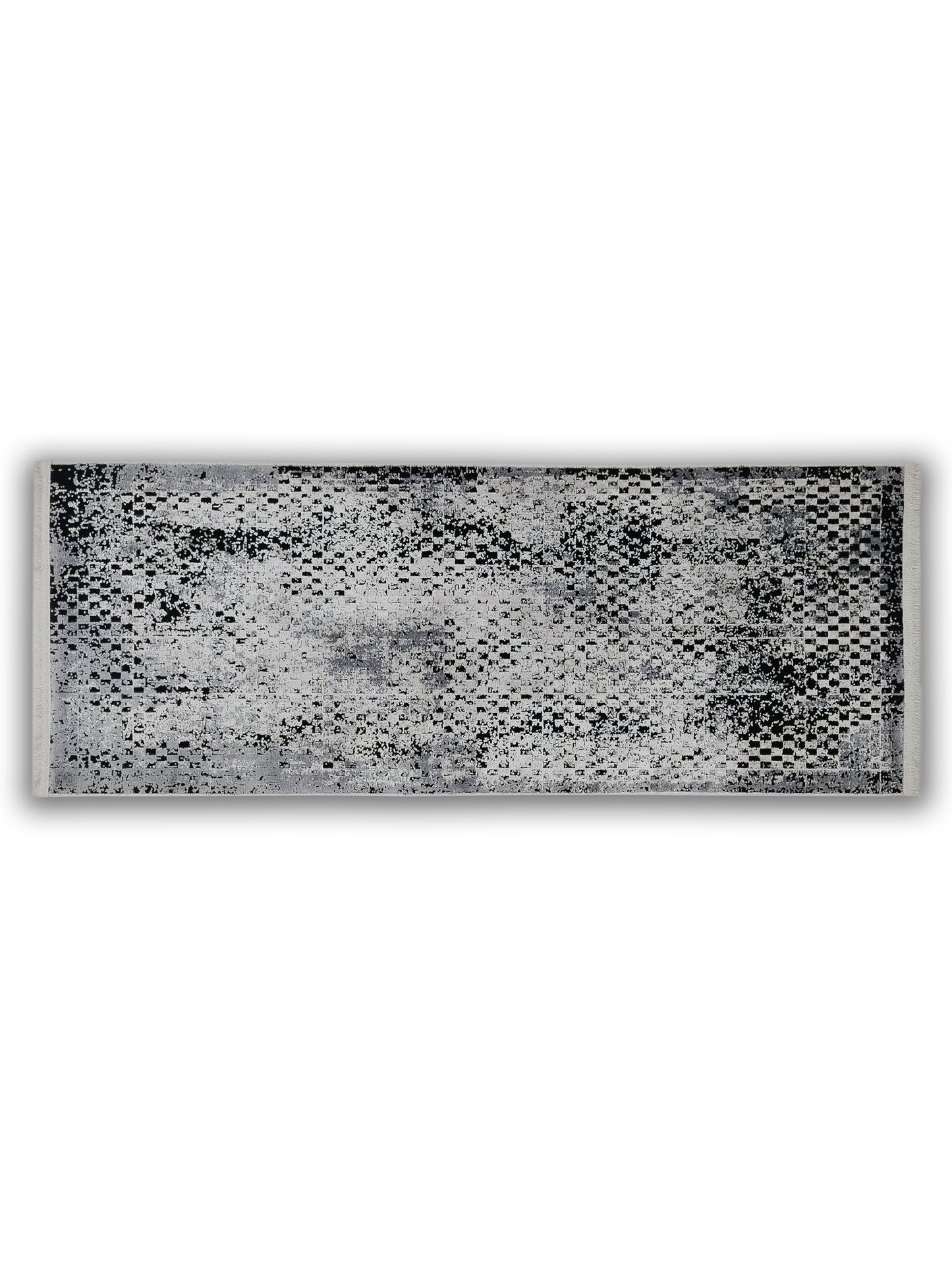 Grey White Distressed Grid Runner – Modern Abstract Textured Runner