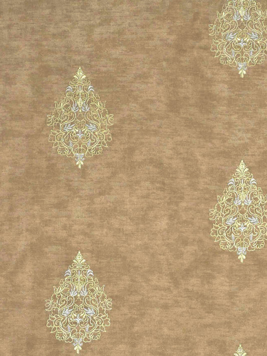 Brown Curtain Fabric with Gold Embroidery – Paisley Motif, 4ft & 10ft Widths
