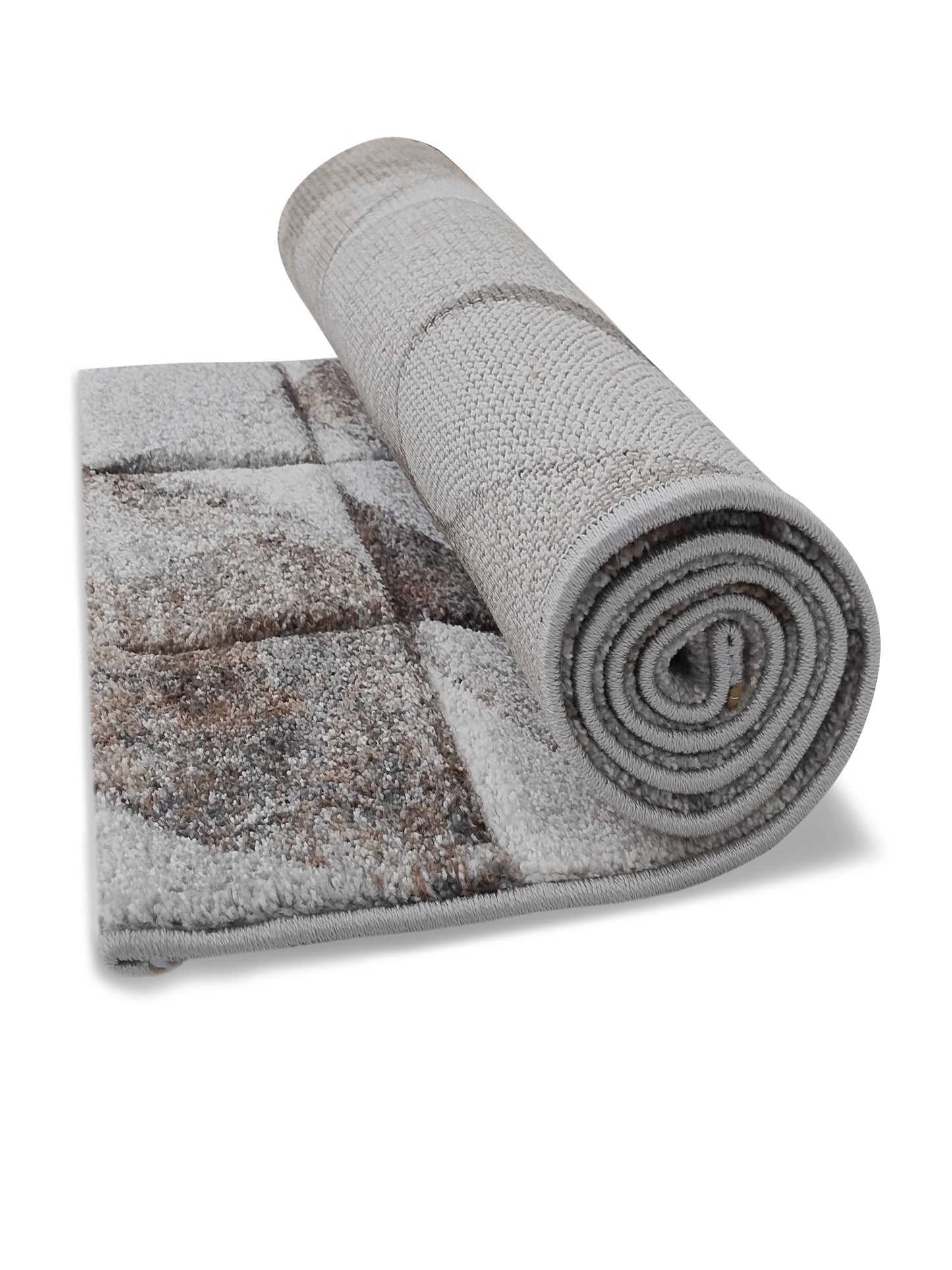 Grey Brown Geometric Curve Runner – Modern Abstract Plush Floor Runner