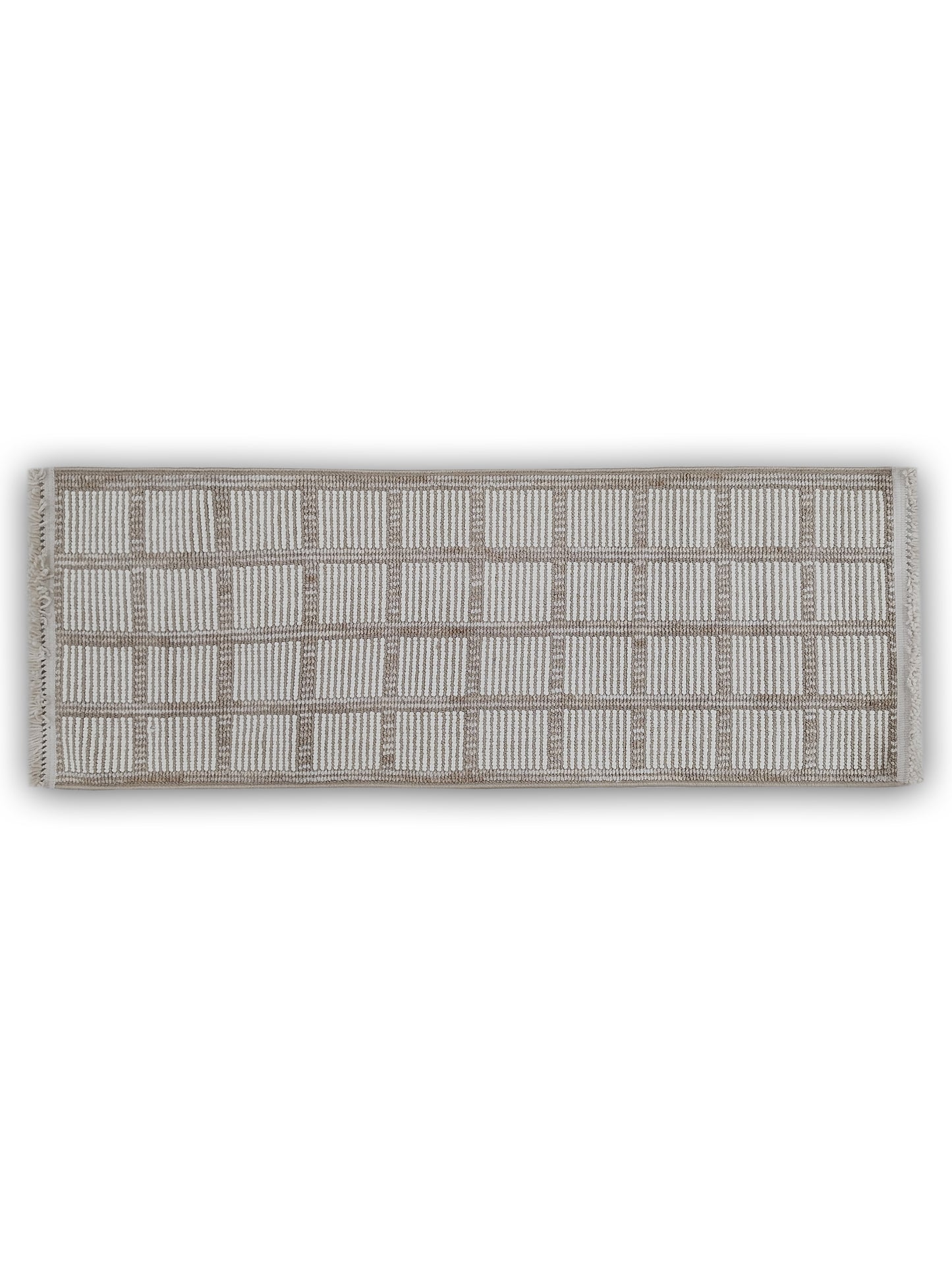 Ivory & Taupe Grid Pattern Cotton Runner – Modern Handwoven Bedside & Hallway Carpet